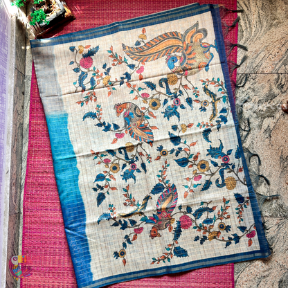 Silk Cotton Kalamkari & Checks Saree with Floral Printed Blouse – Tri-Gradient Shades (Pink, Violet, Blue)
