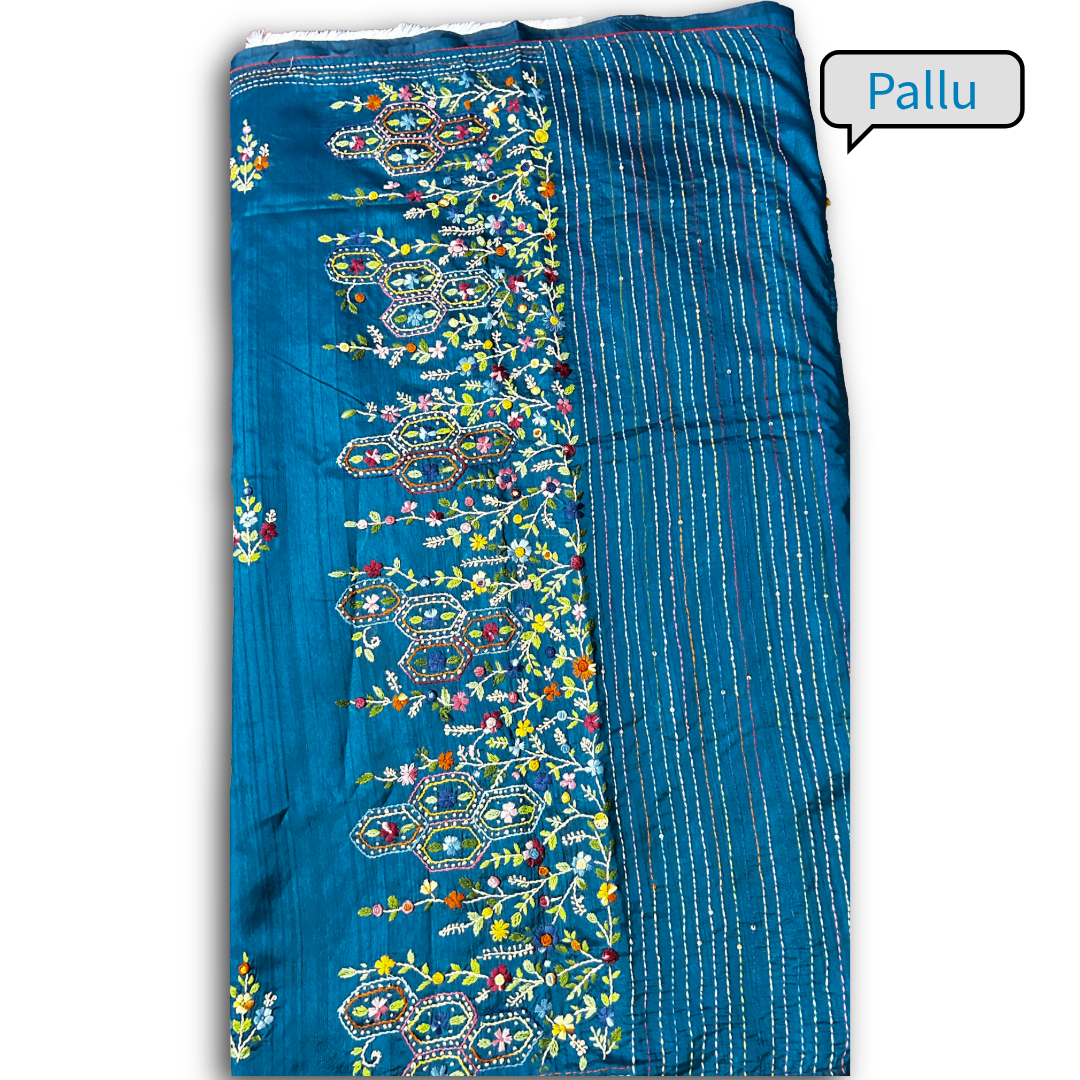 Teal Blue Semi Tussar Silk Saree with Hand Bullion Embroidery | Mriksha sarees