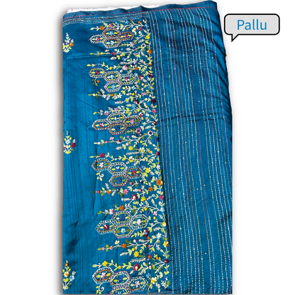 Teal Blue Semi Tussar Silk Saree with Hand Bullion Embroidery | Mriksha sarees