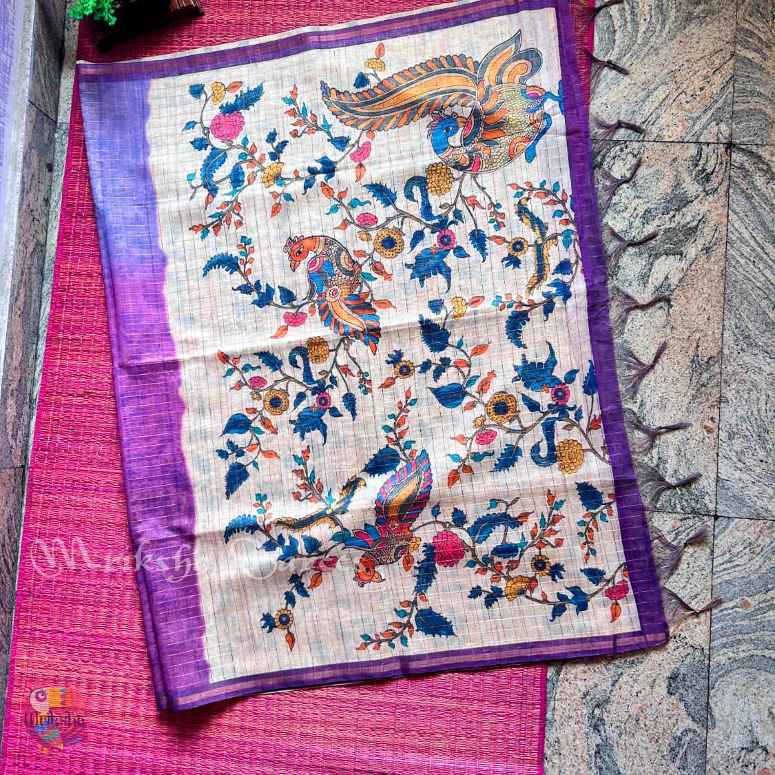 Silk Cotton Kalamkari & Checks Saree with Floral Printed Blouse – Tri-Gradient Shades (Pink, Violet, Blue)