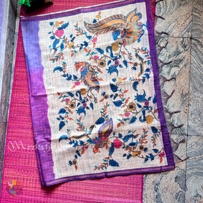 Silk Cotton Kalamkari & Checks Saree with Floral Printed Blouse – Tri-Gradient Shades (Pink, Violet, Blue)
