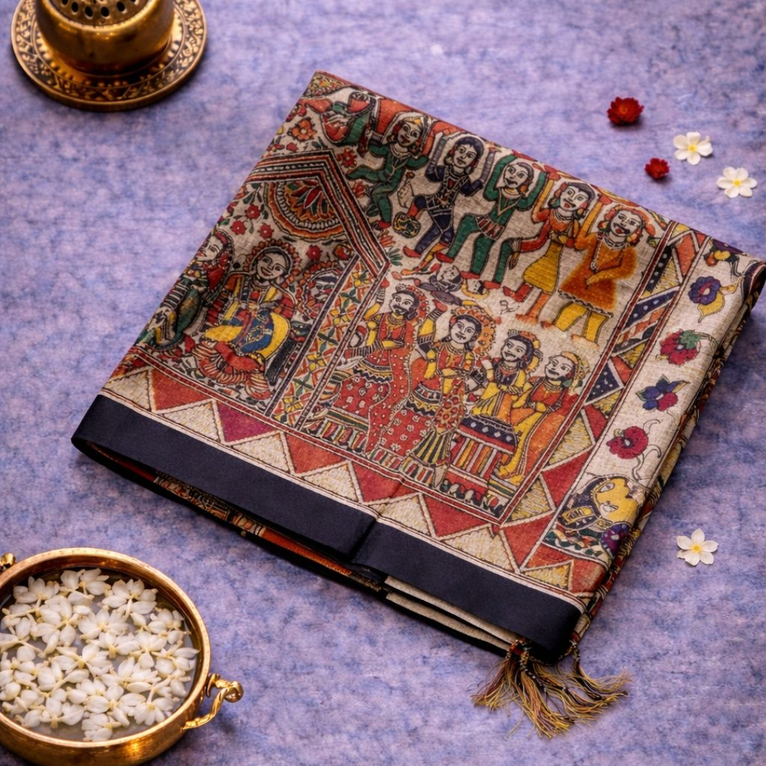 Beige Digital Printed Saree with Cave Painting Style Figurines & Plain Black Blouse | Mriksha Sarees