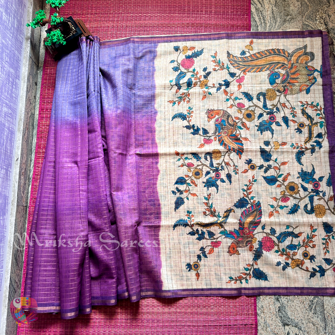 Silk Cotton Kalamkari & Checks Saree with Floral Printed Blouse – Tri-Gradient Shades (Pink, Violet, Blue)
