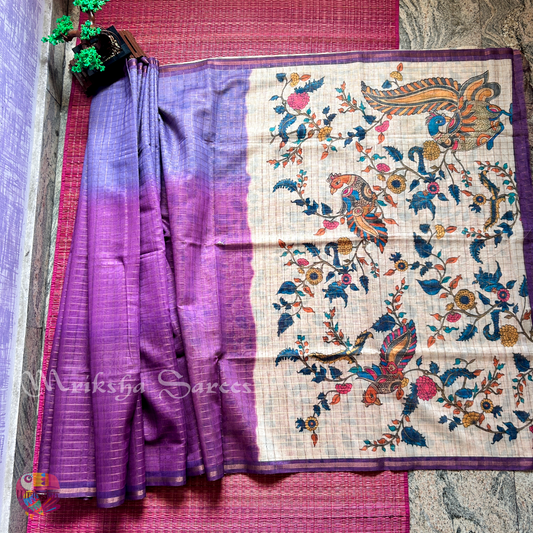 Silk Cotton Kalamkari & Checks Saree with Floral Printed Blouse – Tri-Gradient Shades (Pink, Violet, Blue)