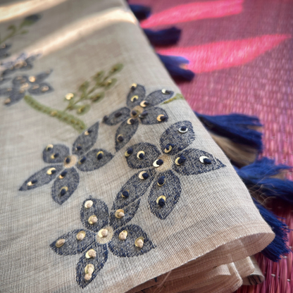 Cream Semi Tussar Silk Saree with Blue Handwoven Floral Kantha Work | Mriksha Sarees
