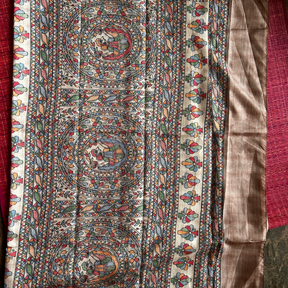 Beige Ghicha Silk Saree with Madhubani Girl Print & Chocolate Brown Blouse | Mriksha Sarees