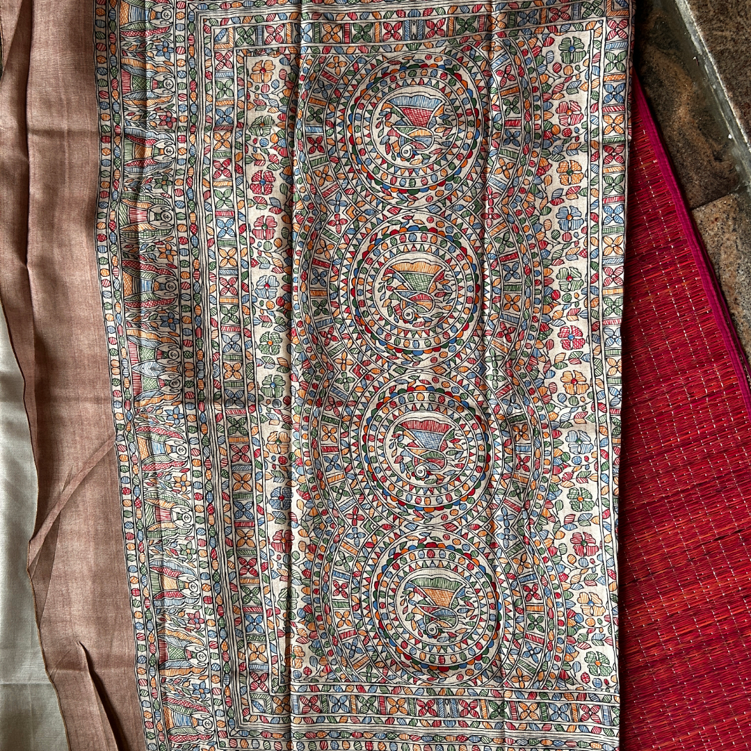 Beige Ghicha Silk Saree with Madhubani Peacock Print & Chocolate Brown Blouse | Mriksha Sarees