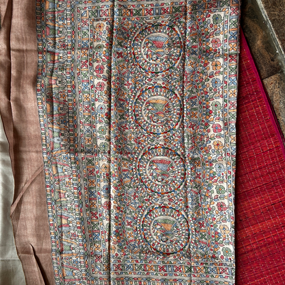 Beige Ghicha Silk Saree with Madhubani Peacock Print & Chocolate Brown Blouse | Mriksha Sarees