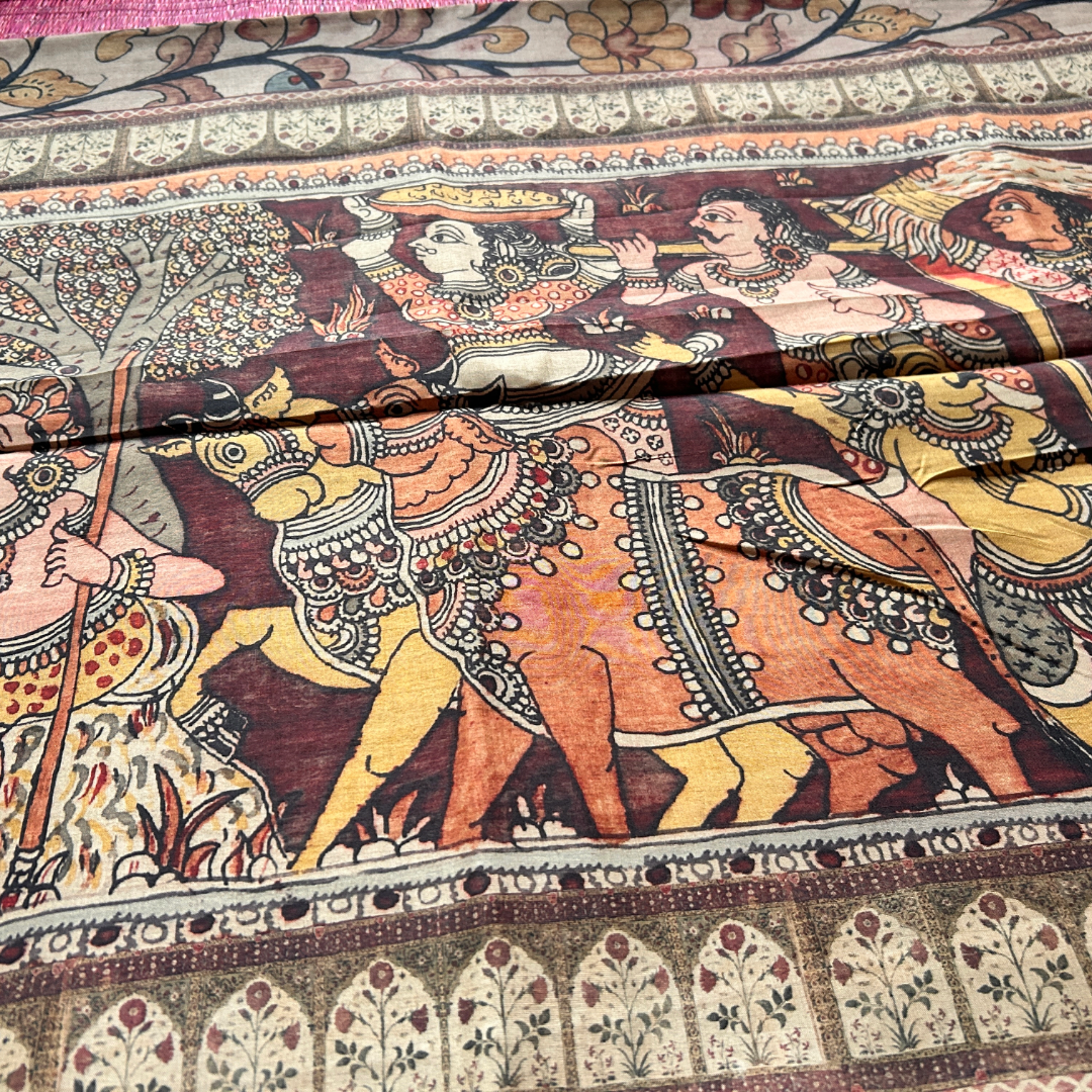 Beige & Brown Premium Tissue Kalamkari Printed Saree with Floral Border & Printed Blouse | Mriksha Sarees