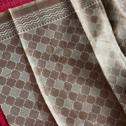 Dusty Green Digital Printed Saree with Copper Zari Border & Copper Brocade Blouse | Mriksha Sarees