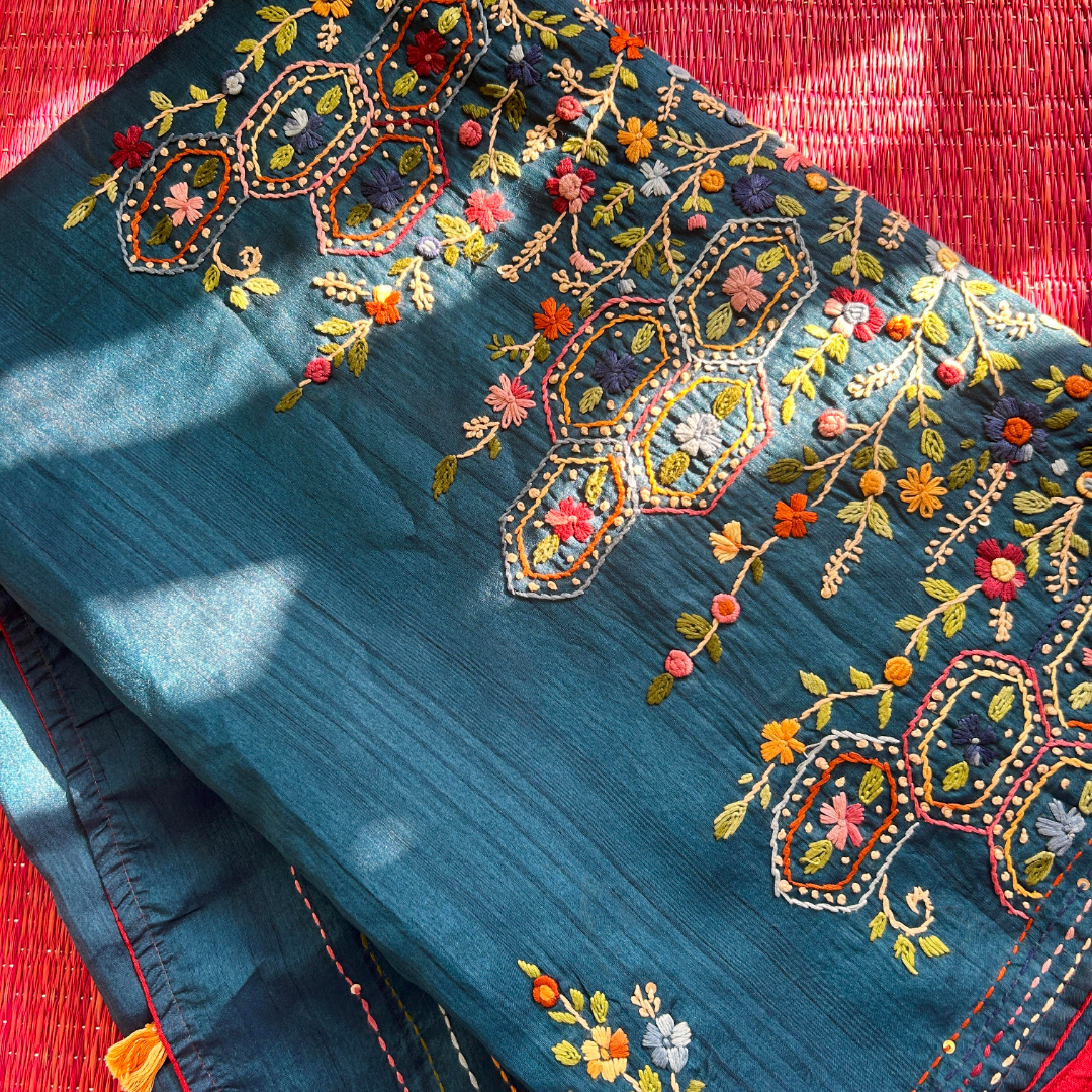 Teal Blue Semi Tussar Silk Saree with Hand Bullion Embroidery | Mriksha sarees