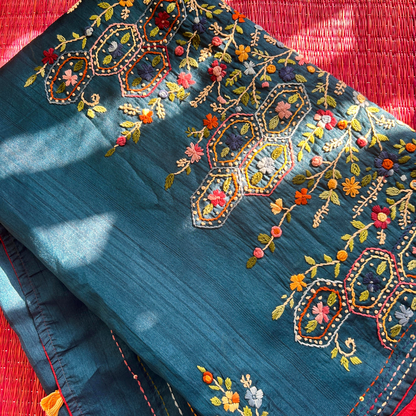 Teal Blue Semi Tussar Silk Saree with Hand Bullion Embroidery | Mriksha sarees
