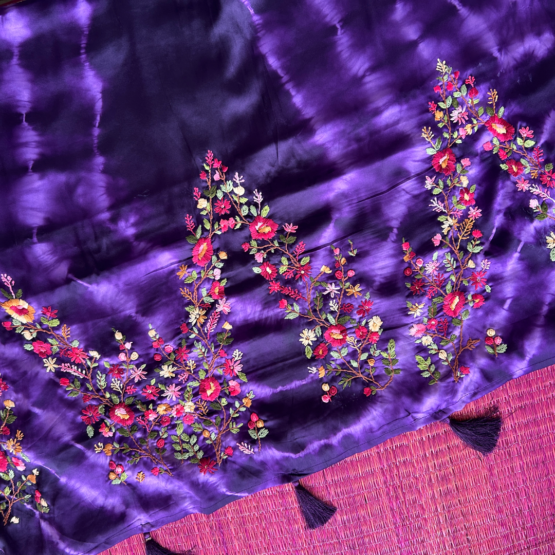 Tie & Dye Mashru Silk Saree with Handwoven Embroidery & Contrast Brocade Blouse | Purple & Black | Mriksha Sarees