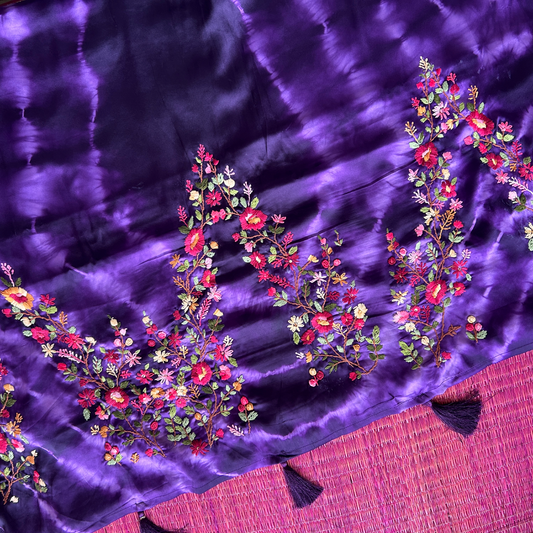 Tie & Dye Mashru Silk Saree with Handwoven Embroidery & Contrast Brocade Blouse | Purple & Black | Mriksha Sarees