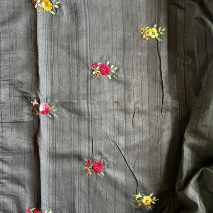 Dark Grey Raw Silk Saree with Parsi Work | Mriksha Sarees