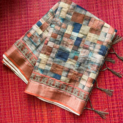 Soft Printed Linen Saree with Kantha Embroidery | Multicoloured Checks