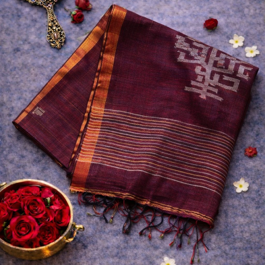 Pure Linen Jamdani Saree with Zari Pallu – Plum | Mriksha Sarees