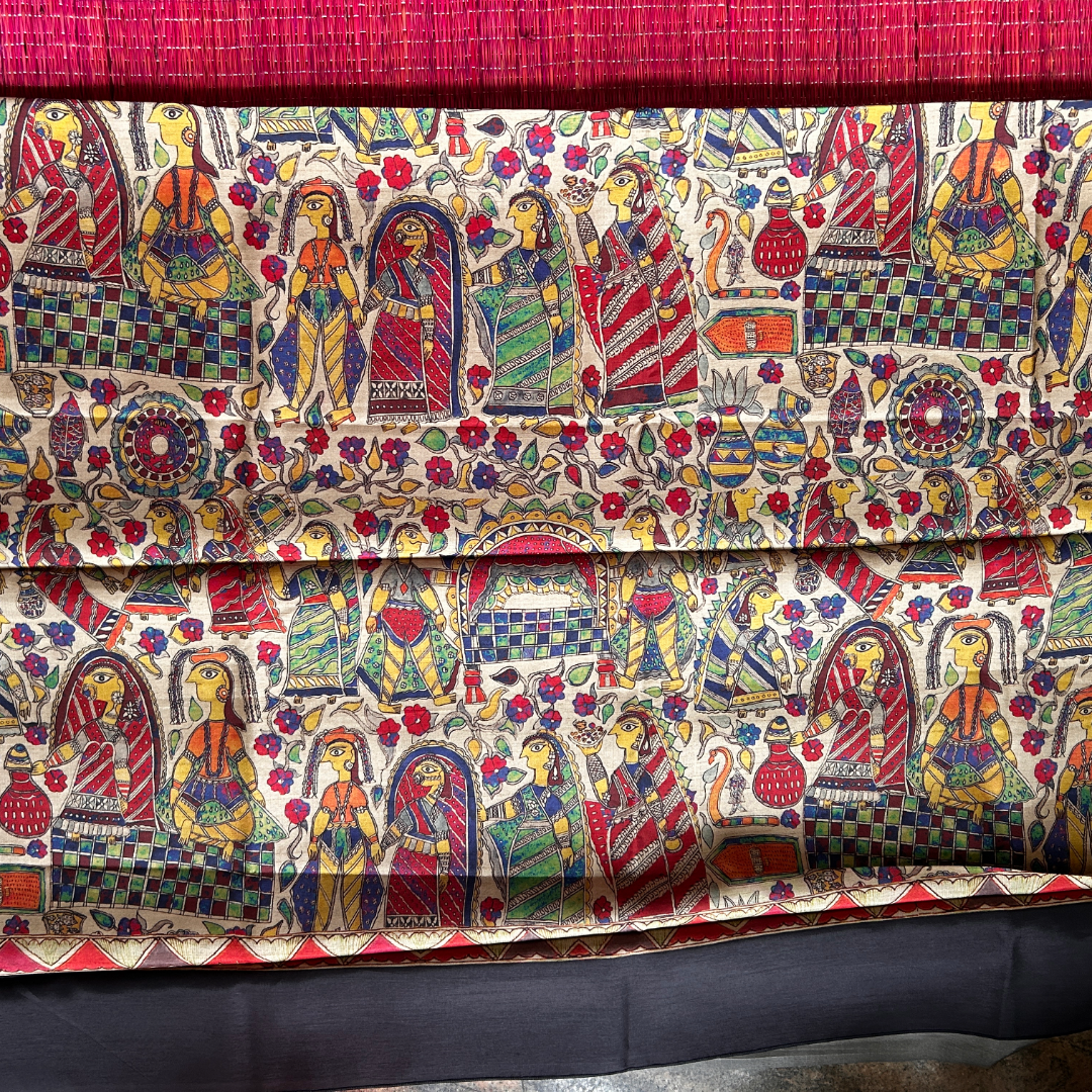 Beige Digital Printed Saree with Cave Painting Style Figurines & Plain Black Blouse | Mriksha Sarees