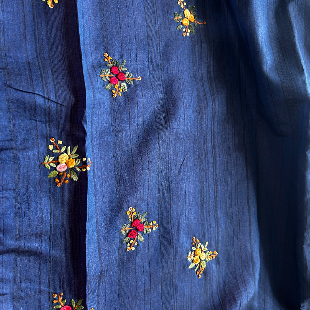 Royal Blue Semi Tussar Silk Saree with Hand Bullion Embroidery | Mriksha sarees