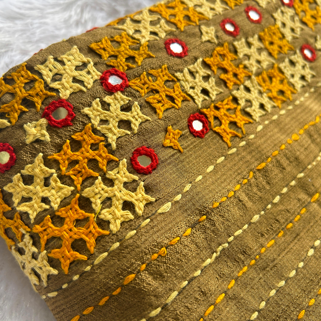 Bronze Semi Tussar Silk Saree with Kutch & Mirror Work