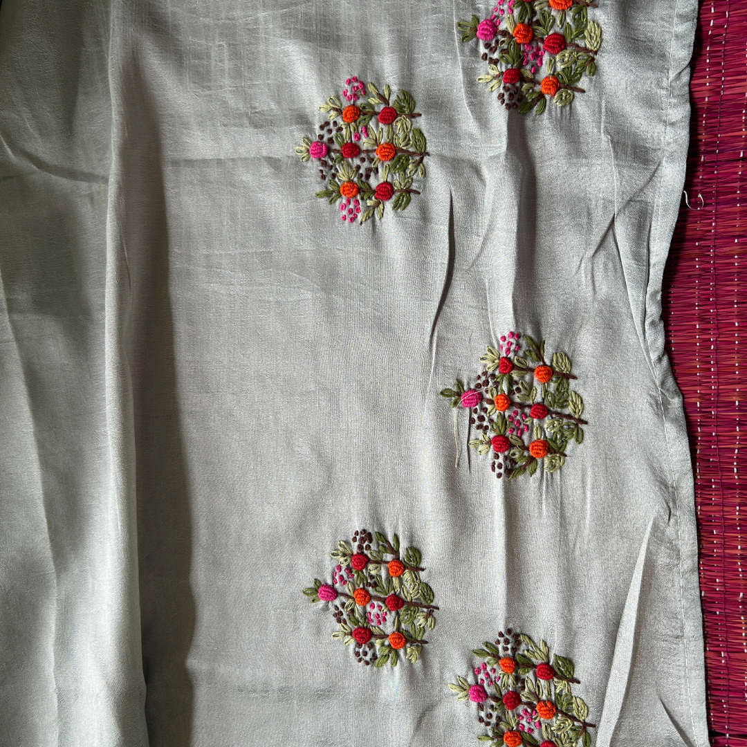 Silver Semi Tussar Silk Saree with Handwoven Bullion Stitch Work | Mriksha Sarees