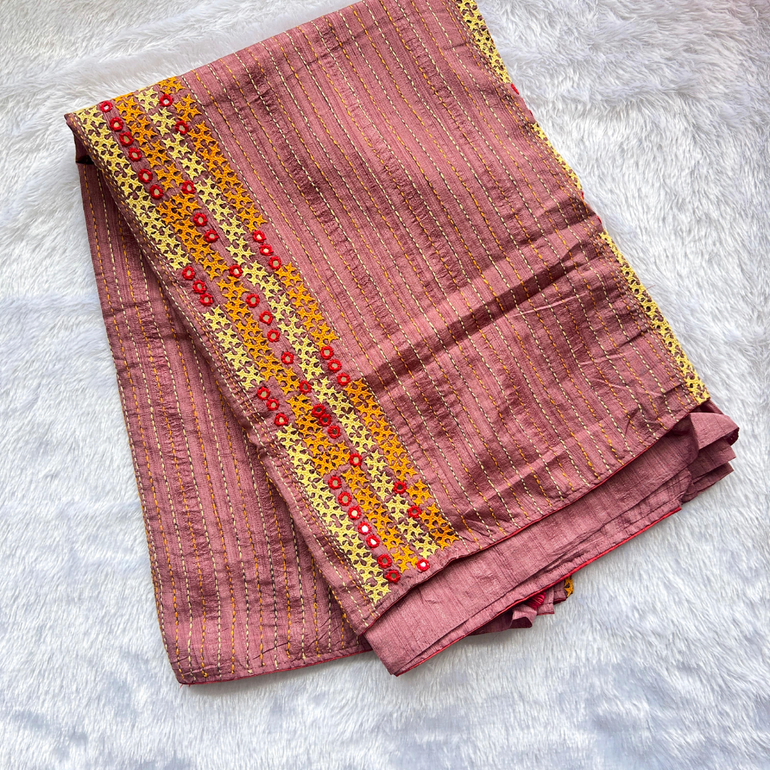 Onion Pink Semi Tussar Silk Saree with Kutch & Mirror Work