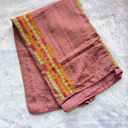 Onion Pink Semi Tussar Silk Saree with Kutch & Mirror Work