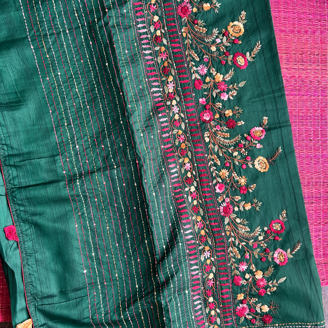 Deep Green Kantha Embroidered Saree | Mriksha Sarees