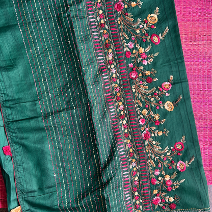 Deep Green Kantha Embroidered Saree | Mriksha Sarees