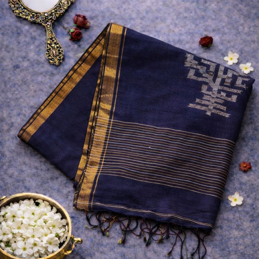 Blue Pure Linen Jamdani Saree with Zari Pallu | Mriksha Sarees