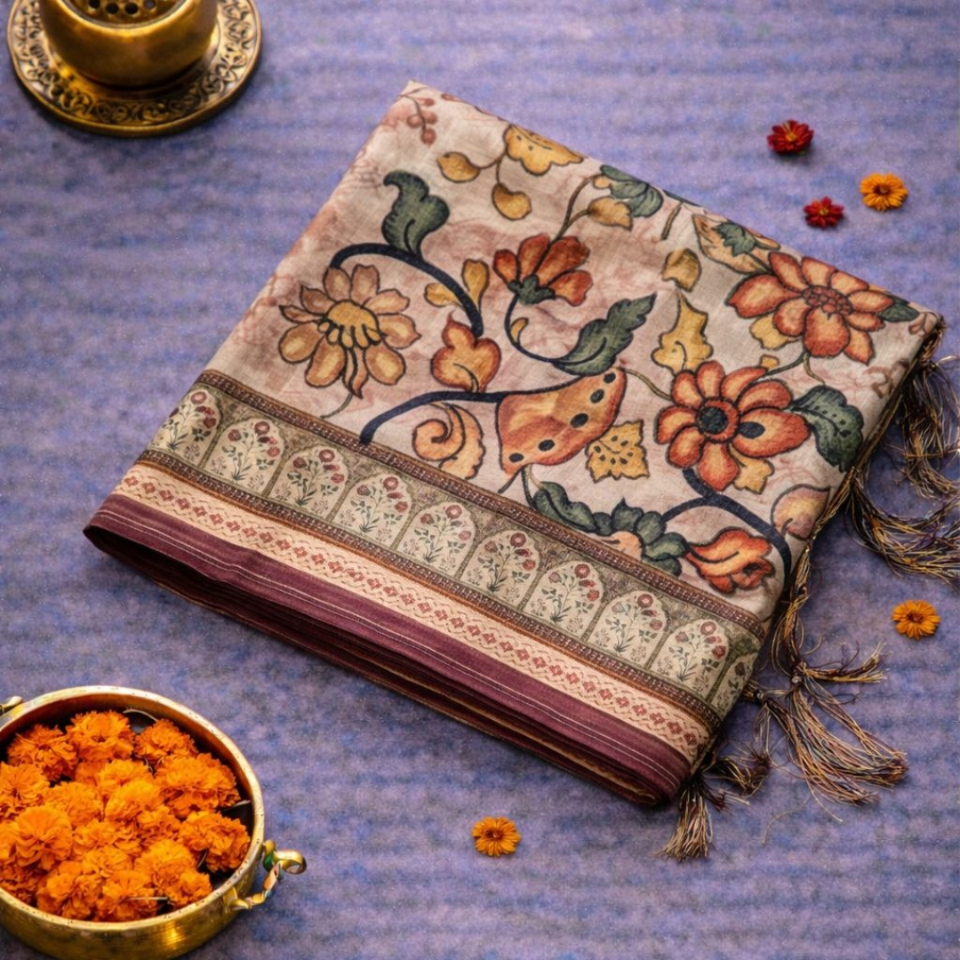 Beige & Brown Premium Tissue Kalamkari Printed Saree with Floral Border & Printed Blouse | Mriksha Sarees