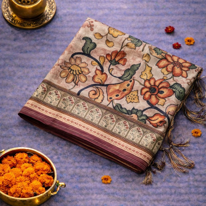 Beige & Brown Premium Tissue Kalamkari Printed Saree with Floral Border & Printed Blouse | Mriksha Sarees