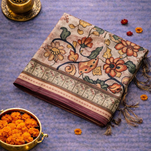 Beige & Brown Premium Tissue Kalamkari Printed Saree with Floral Border & Printed Blouse | Mriksha Sarees