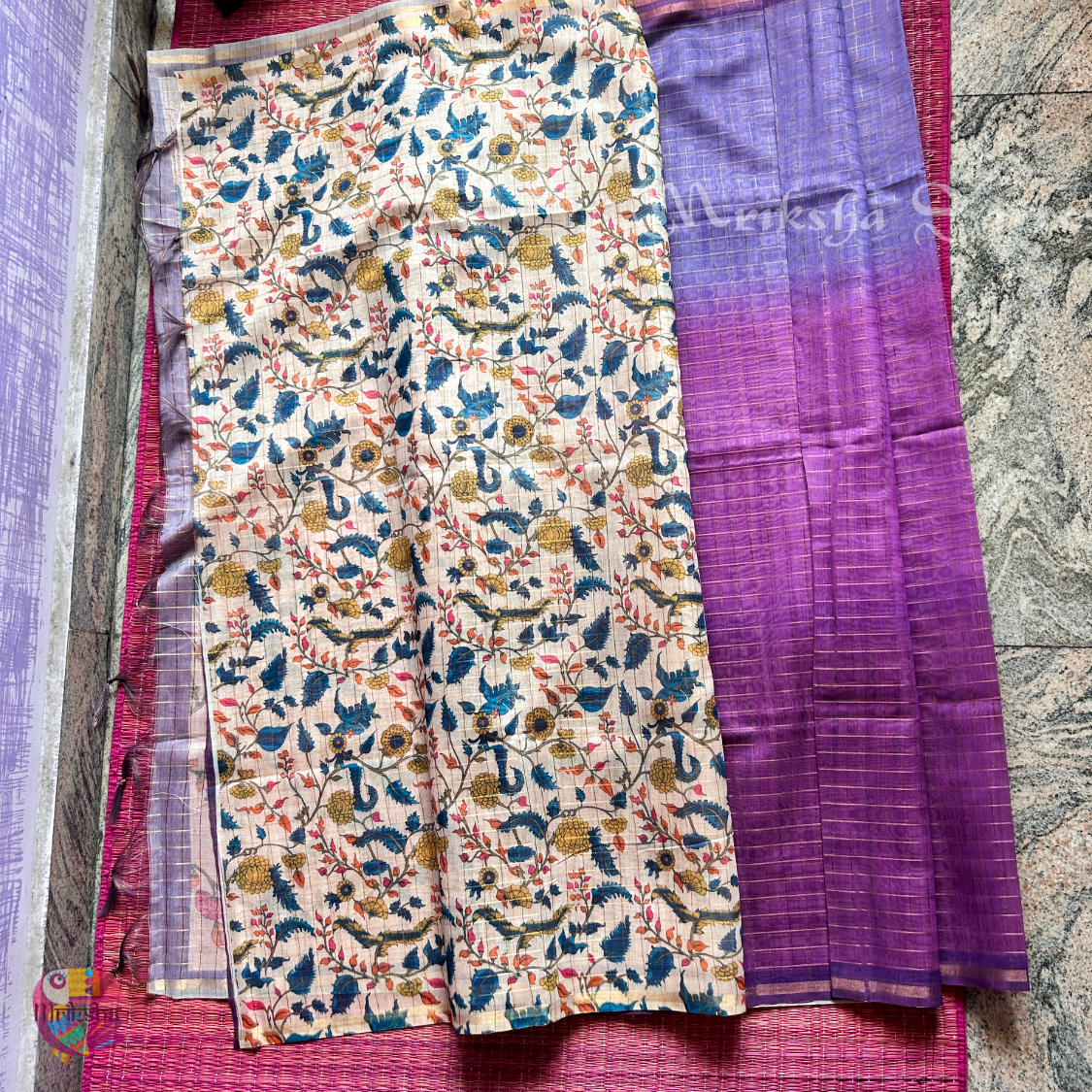 Silk Cotton Kalamkari & Checks Saree with Floral Printed Blouse – Tri-Gradient Shades (Pink, Violet, Blue)