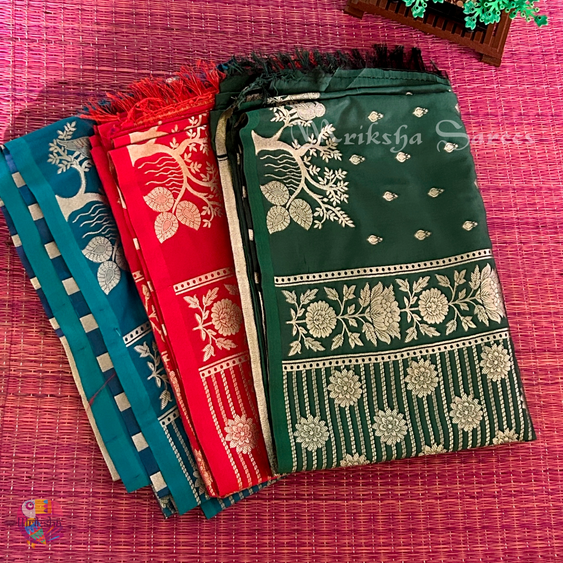 Banarasi Zari Embroidery Soft Silk Saree – Floral & Bird Motif Collection (Green, Red, Teal Variants)