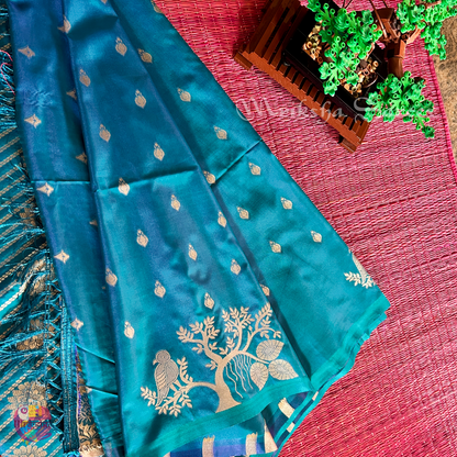 Banarasi Zari Embroidery Soft Silk Saree – Floral & Bird Motif Collection (Green, Red, Teal Variants)