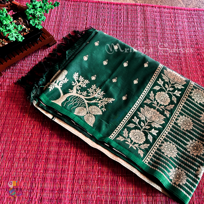 Banarasi Zari Embroidery Soft Silk Saree – Floral & Bird Motif Collection (Green, Red, Teal Variants)