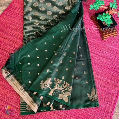Banarasi Zari Embroidery Soft Silk Saree – Floral & Bird Motif Collection (Green, Red, Teal Variants)