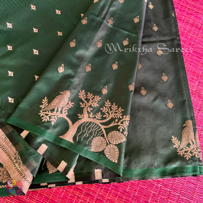 Banarasi Zari Embroidery Soft Silk Saree – Floral & Bird Motif Collection (Green, Red, Teal Variants)