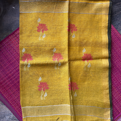 Lotus Motif Tissue Linen Saree – Yellow | Mriksha Sarees