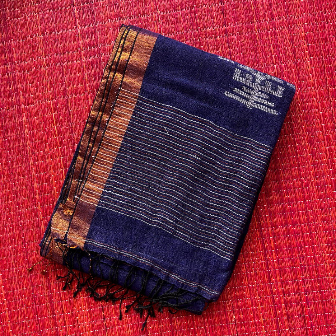 Blue Pure Linen Jamdani Saree with Zari Pallu | Mriksha Sarees