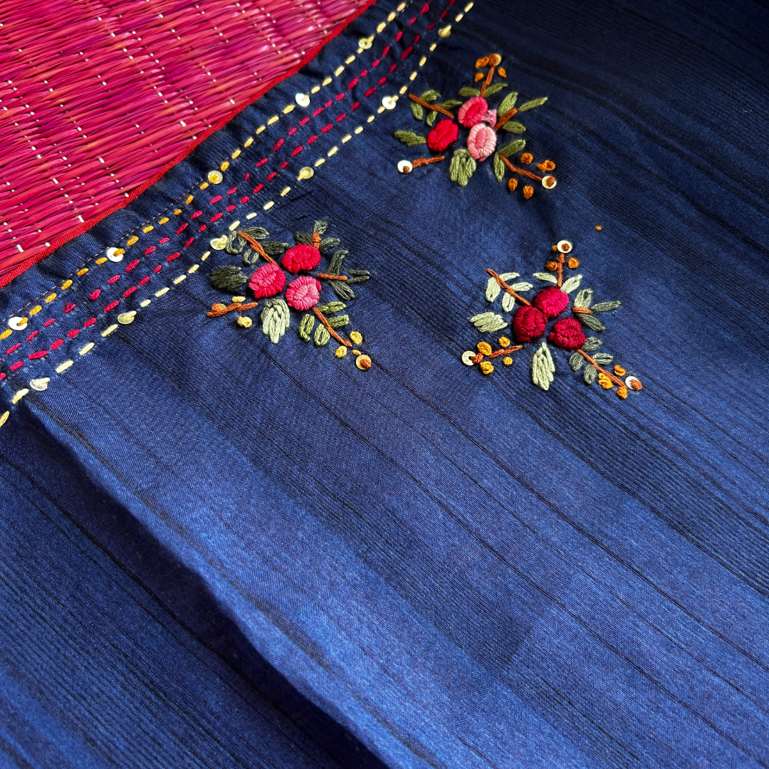 Royal Blue Semi Tussar Silk Saree with Hand Bullion Embroidery | Mriksha sarees