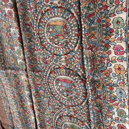 Beige Ghicha Silk Saree with Madhubani Peacock Print & Chocolate Brown Blouse | Mriksha Sarees