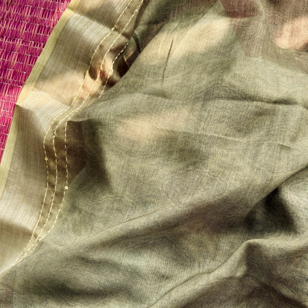 Soft Printed Linen Saree with Kantha Embroidery & Contrast Blouse – Light Green | Mriksha