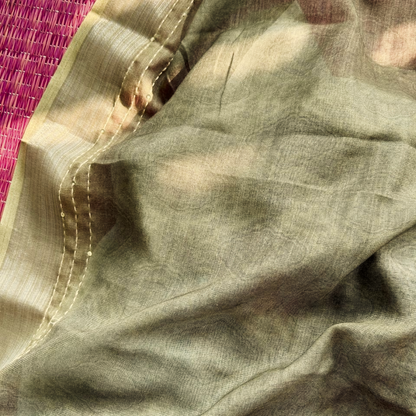 Soft Printed Linen Saree with Kantha Embroidery & Contrast Blouse – Light Green | Mriksha