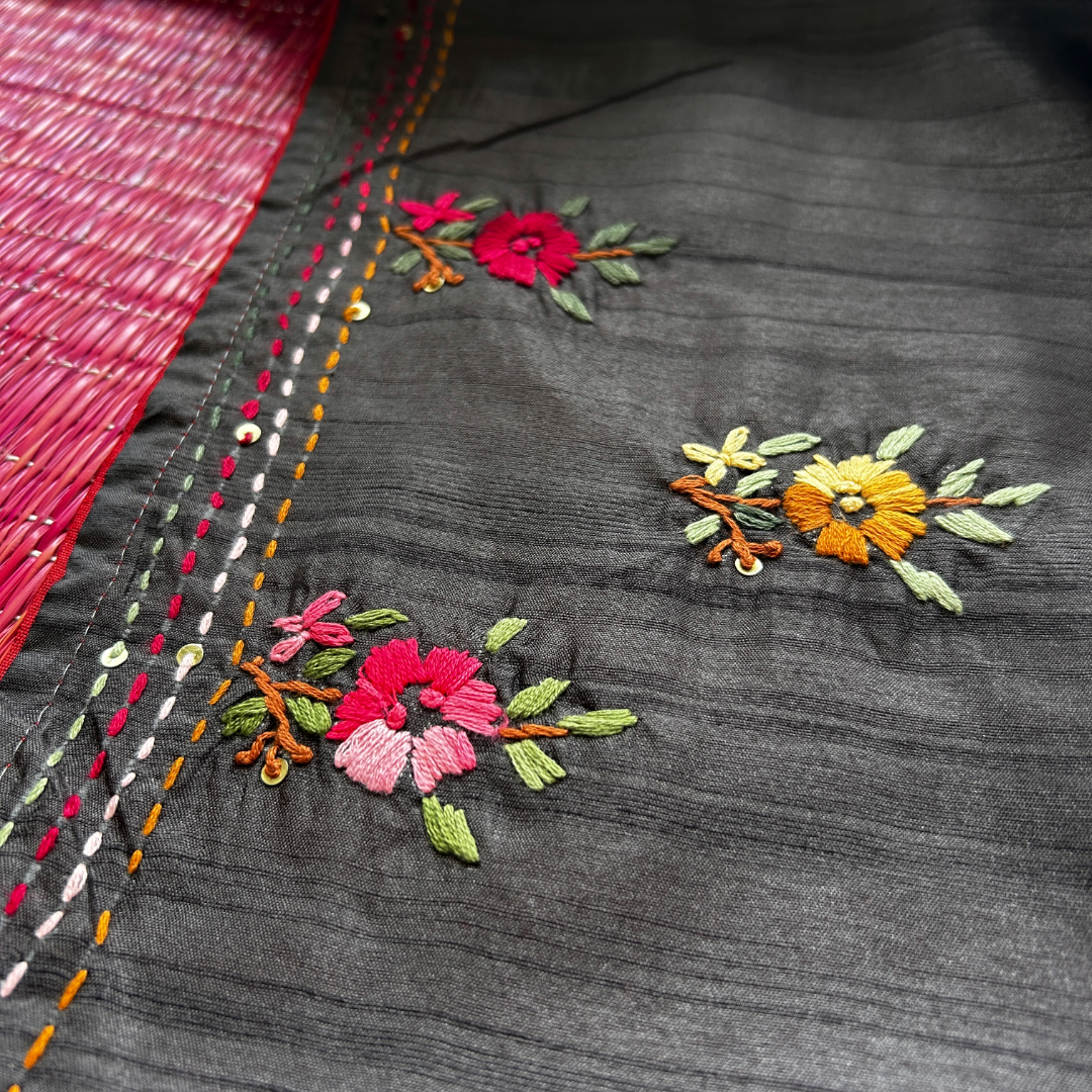 Dark Grey Raw Silk Saree with Parsi Work | Mriksha Sarees