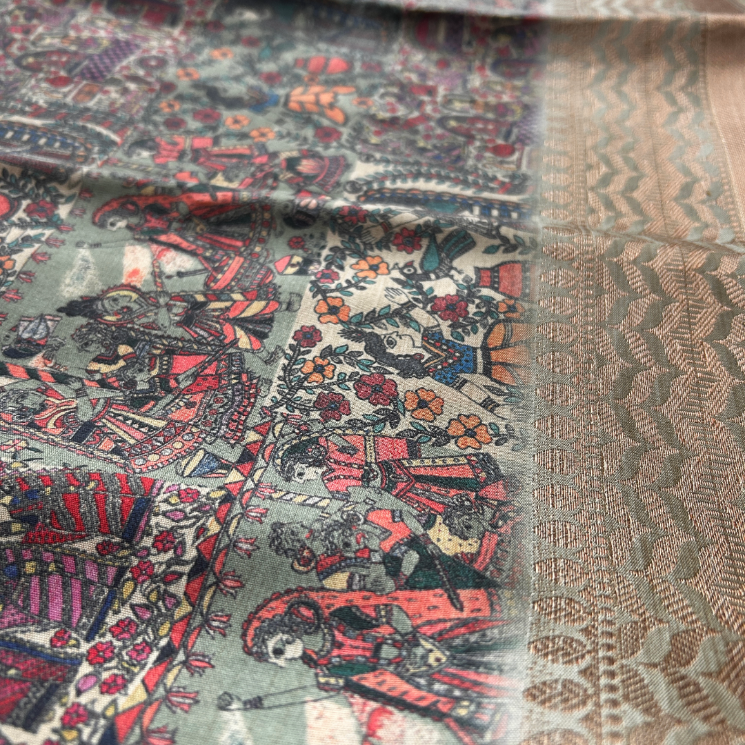 Dusty Green Digital Printed Saree with Copper Zari Border & Copper Brocade Blouse | Mriksha Sarees