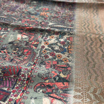 Dusty Green Digital Printed Saree with Copper Zari Border & Copper Brocade Blouse | Mriksha Sarees