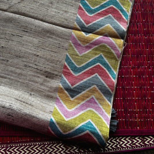 Beige Ghicha Silk Saree with Multicolour Geometric Pallu & Blouse | Mriksha Sarees