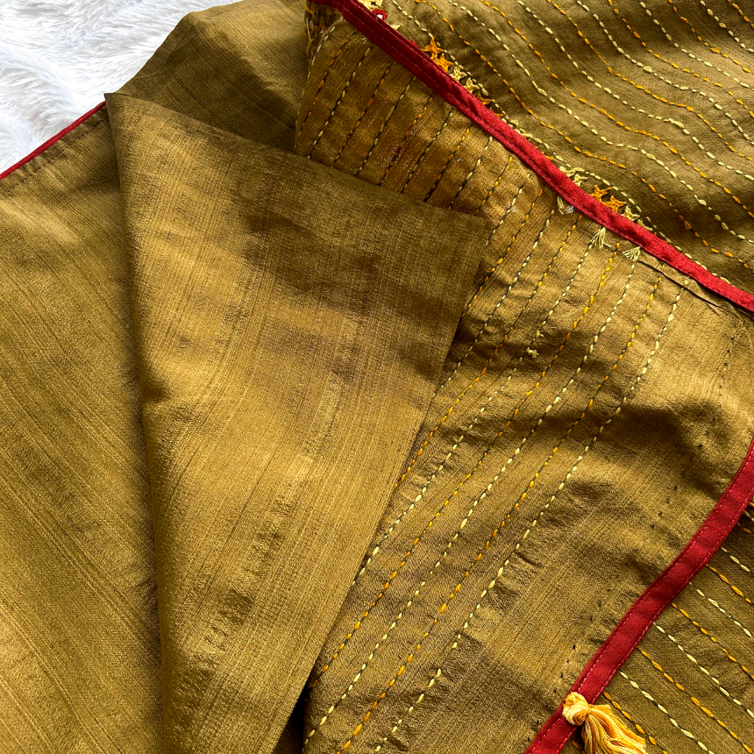 Bronze Semi Tussar Silk Saree with Kutch & Mirror Work